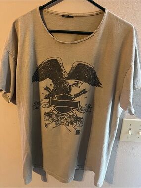 VINTAGE 2005 HARLEY DAVIDSON Y2K EAGLE BAR & SHIELD RAW EDGE TAN TEE SIZE XL